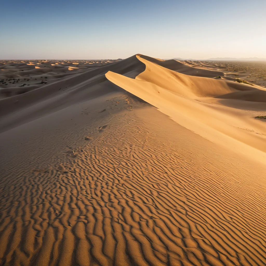 Rippled sand dunes in a desert with footprints leading toward distant dunes under a clear sky.