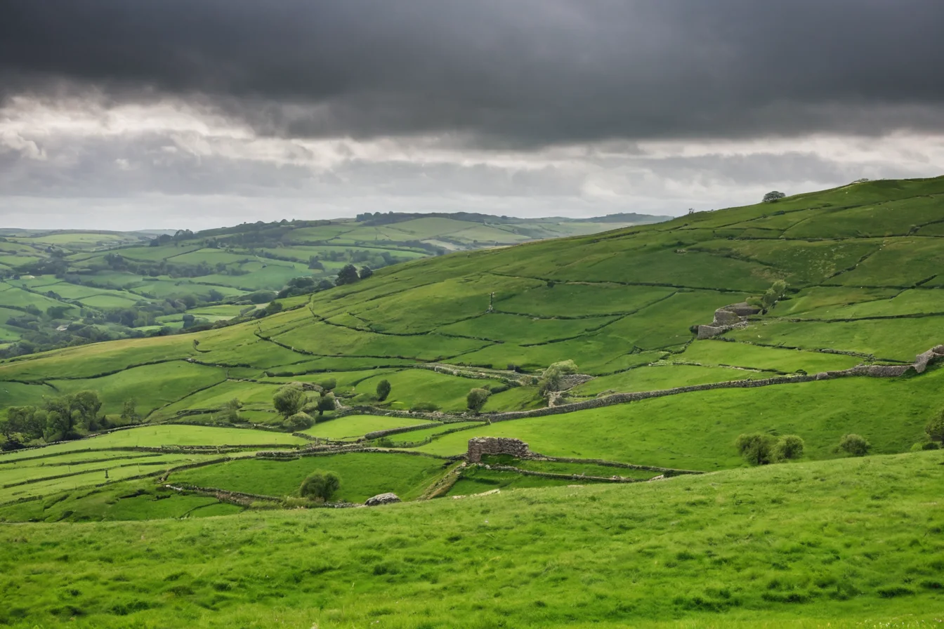 Rolling green hills divided by stone walls under a cloudy sky