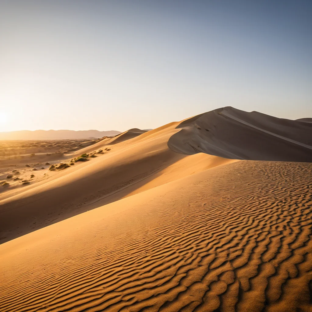 Sunrise over textured sand dunes with distant mountains under clear blue sky