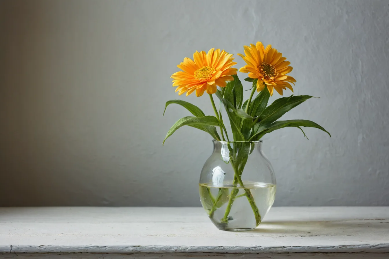 Two orange daisies in a glass vase with water on a white wooden surface.