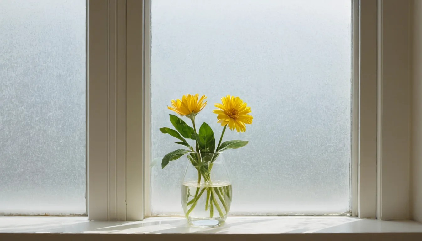 Two yellow gerbera daisies in a glass vase on a windowsill with frosted glass behind.
