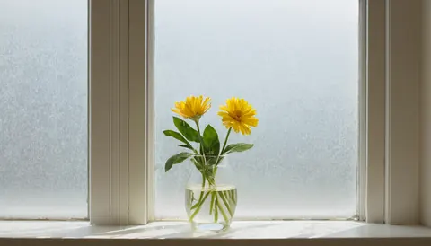 Two yellow gerbera daisies in a glass vase on a windowsill with frosted glass behind.