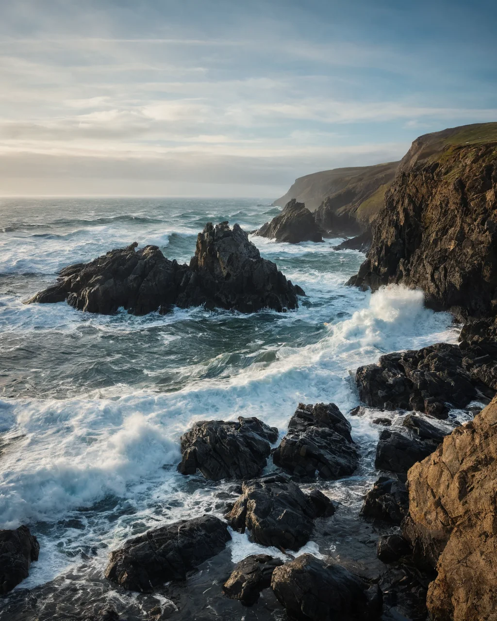 Waves crash against dark rocky cliffs under a cloudy sunset sky