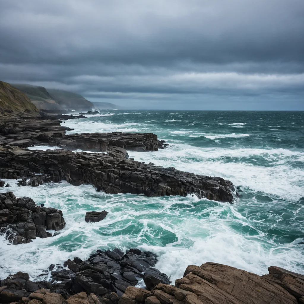 Waves crash against rocky cliffs under a stormy gray sky
