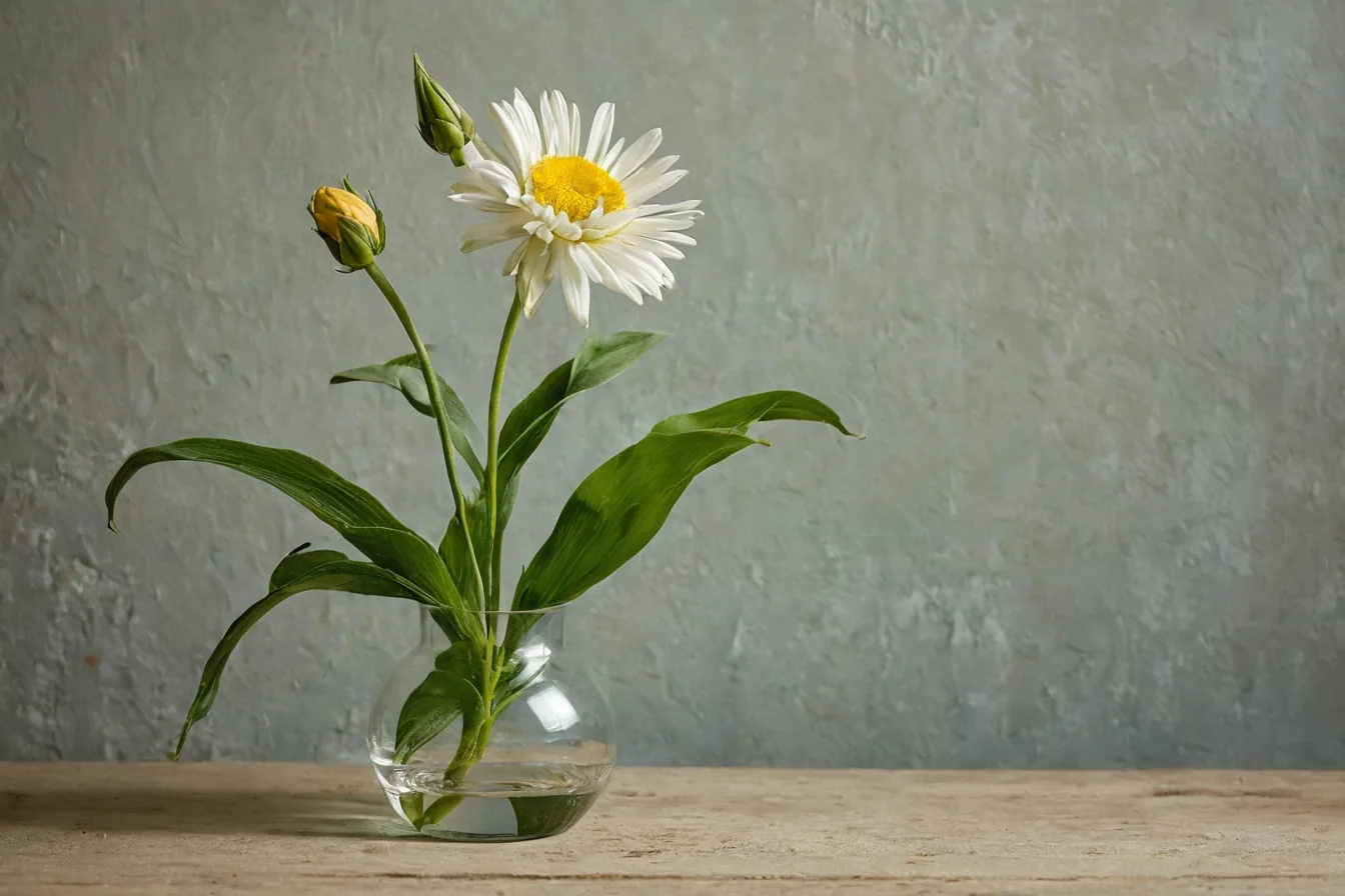 White daisy with yellow center in glass vase on wooden table against gray wall