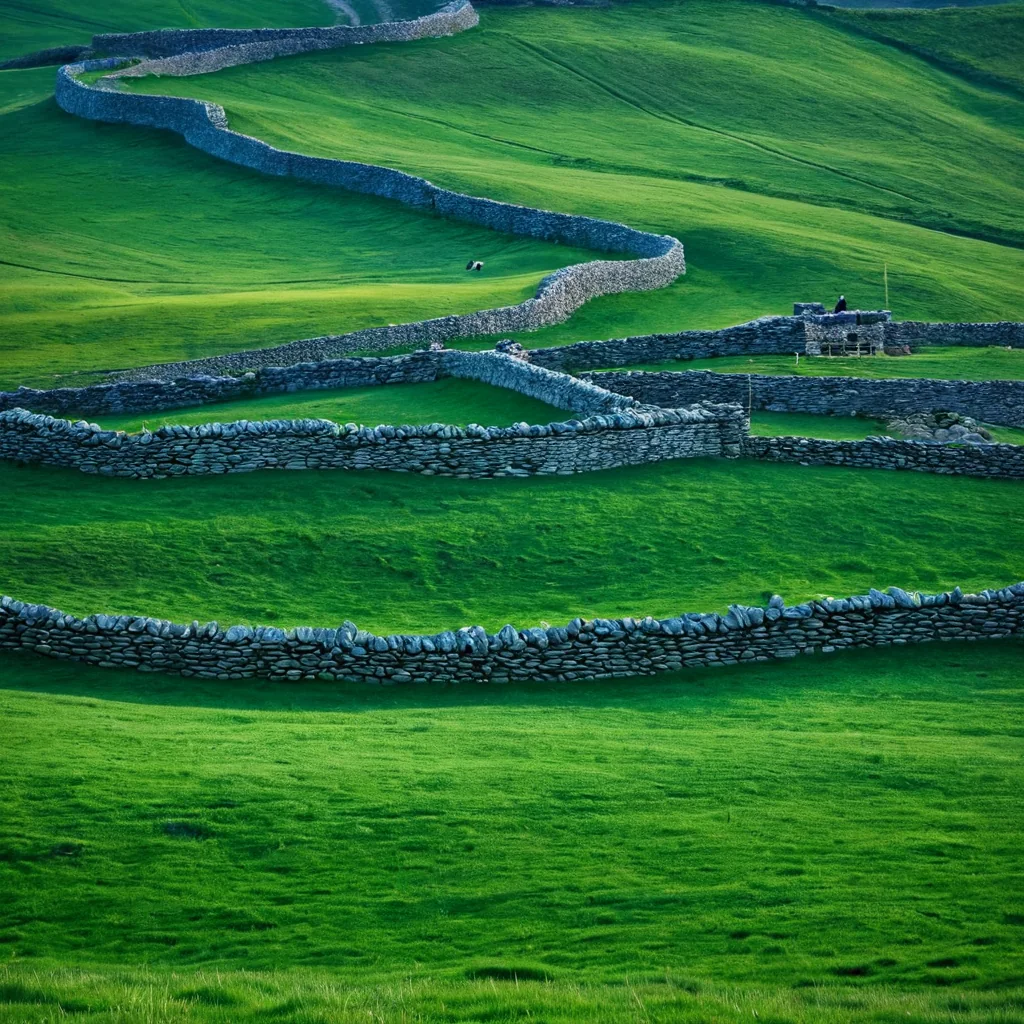 Winding stone walls divide lush green rolling hills in a rural landscape.