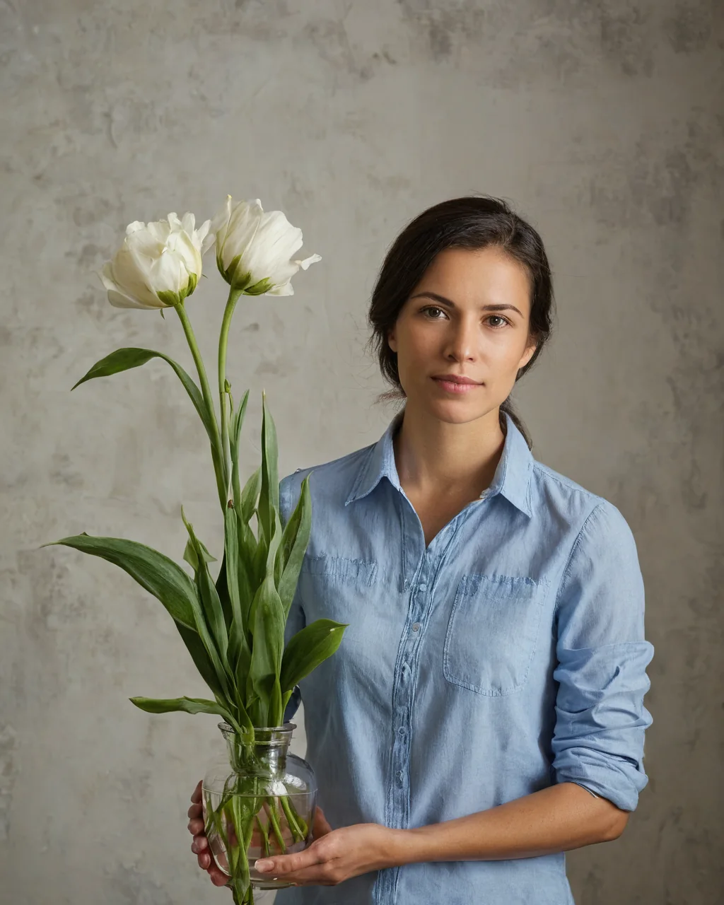 Woman holding vase with white tulips against gray textured wall