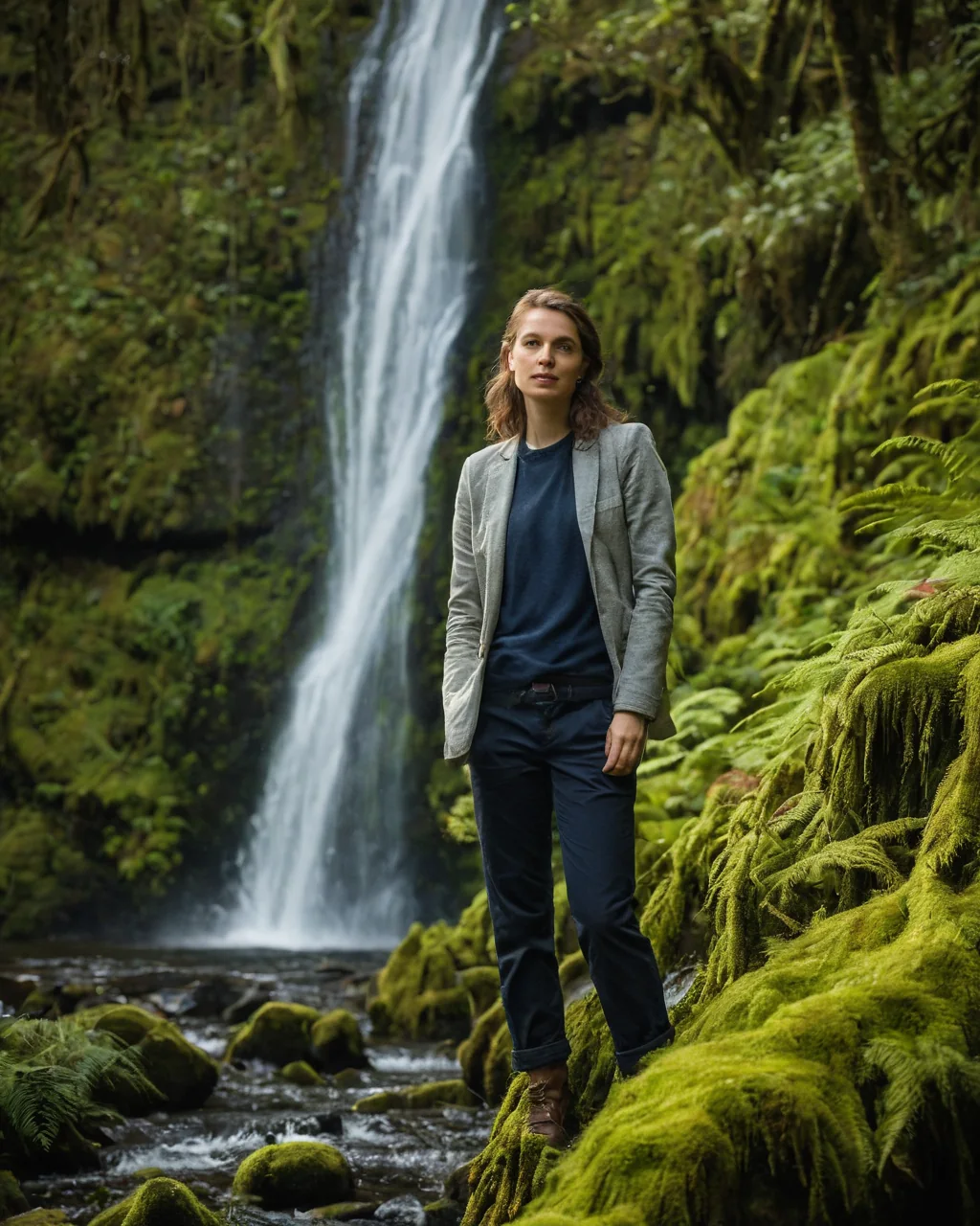 Woman in gray blazer standing on mossy rocks beside a waterfall in a green forest