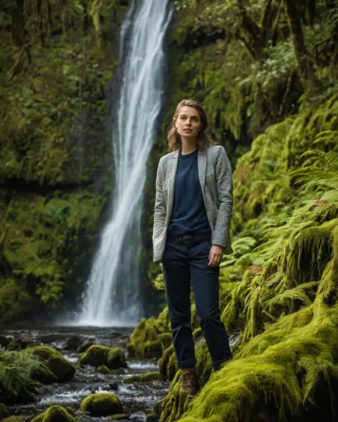 Woman in gray blazer standing on mossy rocks beside a waterfall in a green forest
