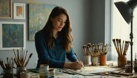 Woman painting at a messy art desk with brushes and jars of paint