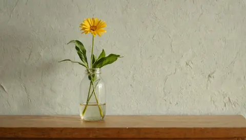 Yellow daisy in glass jar with water on wooden table against textured wall