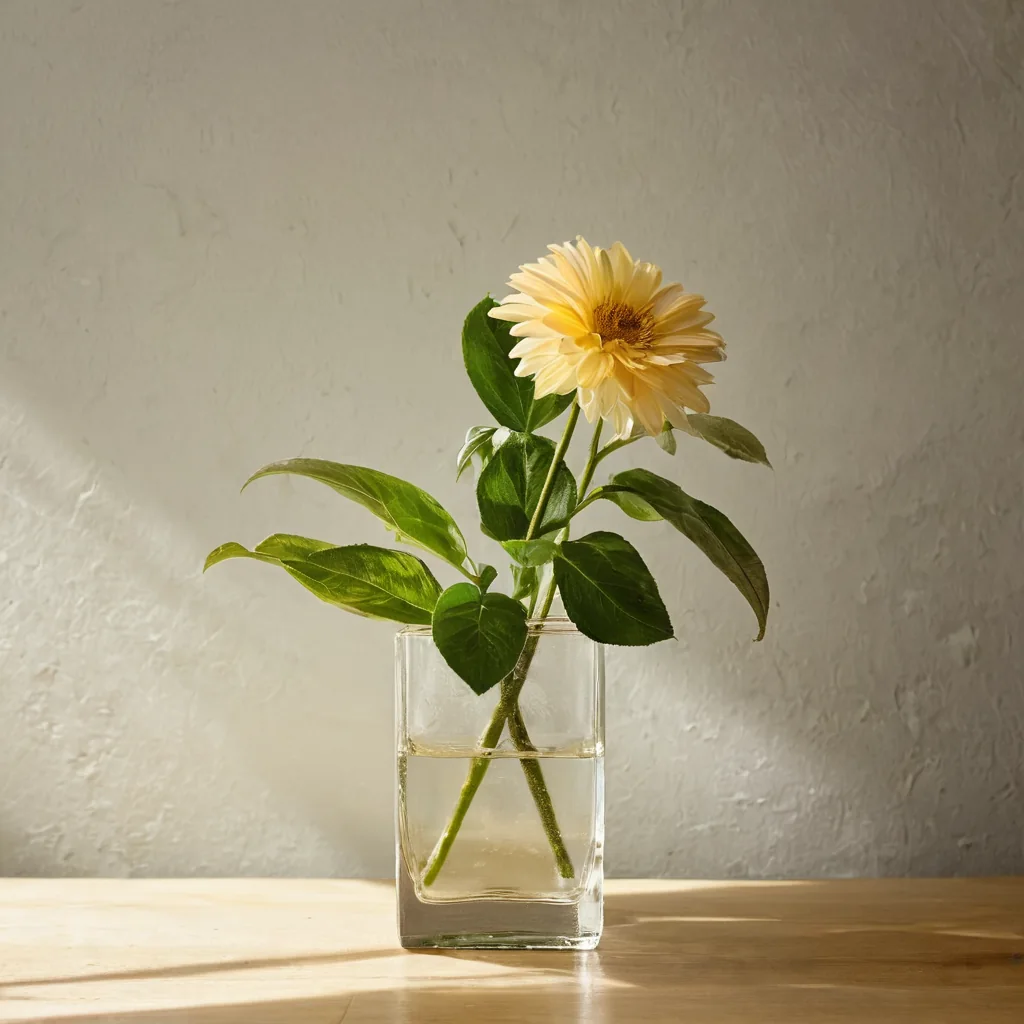 Yellow gerbera daisy in glass vase on wooden table with sunlight casting shadows on textured wall