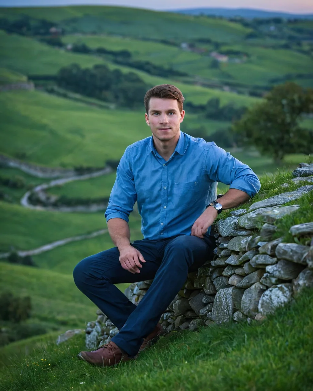 Young man in blue shirt sitting on stone wall in green countryside at dusk