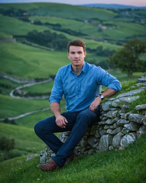 Young man in blue shirt sitting on stone wall in green countryside at dusk